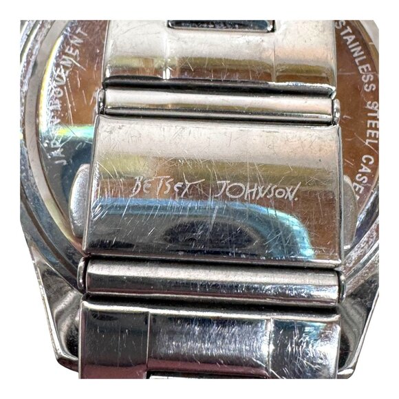 Betsey Johnson Womens Silver Toned Link Band Analog Watch Pink Heart Rhinestones - Picture 4 of 8